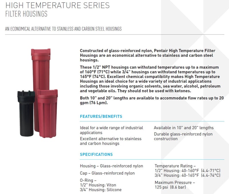 Pentek Pentair Pentek 150015 High Temperature Filter Housing, 3/4" NPT #10 Standard Glass-Reinforced Nylon Water Filter Housing, 10-Inch, Red/Red - Image 2